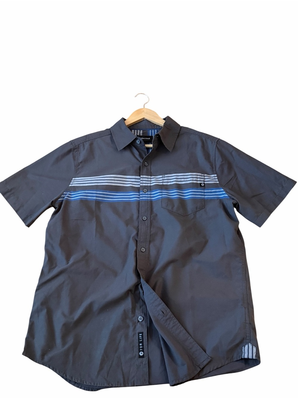 Marmot Short Sleeve Button Down Shirt Men’s Medium Gray Blue Striped